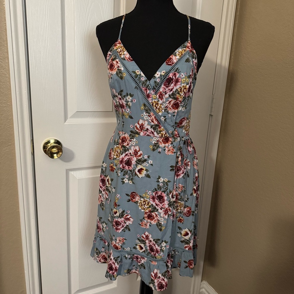 Dusty Blue Floral Wrap Mini Dress with Tie Waist